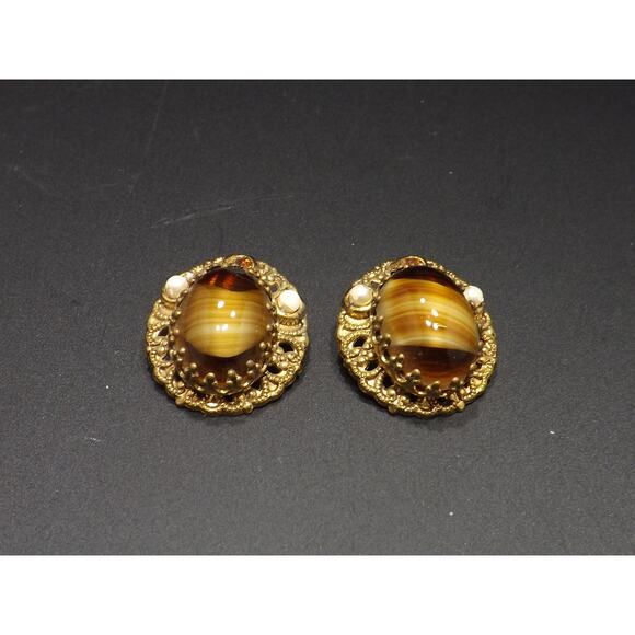 West Germany Art Glass Clip Earrings, Filigree Background, 1950s Vintage Jewelry - Picture 8 of 10